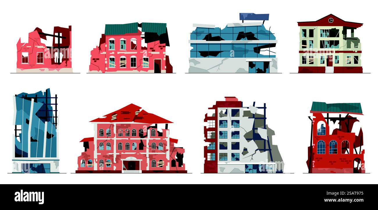 Endommager les façades des bâtiments urbains. Destruction urbaine et ruines, maisons et magasins effondrés, architecture post-apocalypse cassée, après la guerre d'effondrement ou le tremblement de terre, dessin animé plat vectoriel isolé sur un ensemble blanc. Endommager les façades des bâtiments urbains. Destruction urbaine et ruines, maisons et magasins effondrés, architecture post-apocalypse cassée, après la guerre d'effondrement ou le tremblement de terre, dessin animé plat vectoriel isolé ensemble Illustration de Vecteur