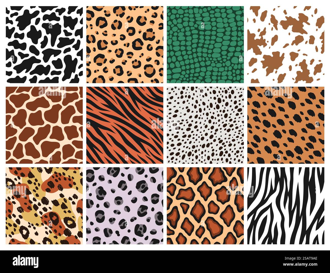 Motifs animaux sans couture. Mammifères, fourrure de prédateurs, impressions de peau de reptile, arrière-plans en cuir, textile de jaguar zèbre et de tigre, conception de texture de faune naturelle girafe et vache, ensemble vectoriel rangé de papier d'emballage. Motifs animaux sans couture. Mammifères, fourrure de prédateurs, empreintes de peau de reptile, arrière-plans en cuir, textile de jaguar zèbre et de tigre, conception de texture de faune naturelle de girafe et de vache, ensemble vectoriel bien rangé Illustration de Vecteur