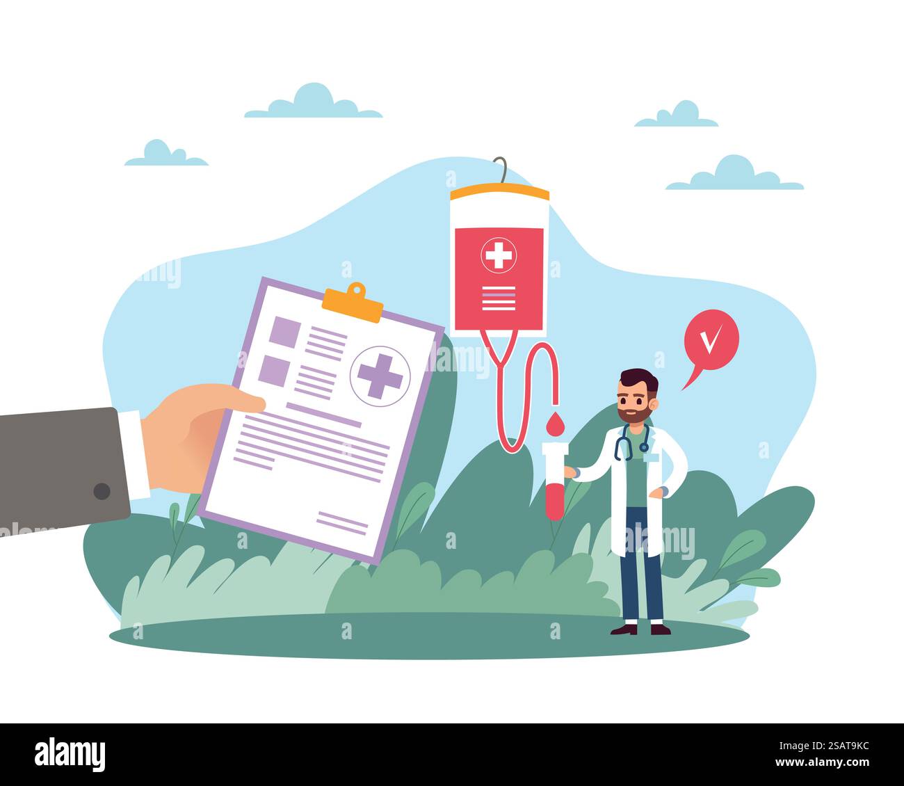 Don de sang, transfusion volontaire. Médecin à l'hôpital, document médical de la main, sac en plastique rouge. Affiche de la Journée mondiale du donneur de sang. Concept isolé de soins de santé et de charité de style plat de dessin animé vectoriel. Don de sang, transfusion volontaire. Médecin à l'hôpital, document médical de la main, sac en plastique rouge. Affiche de la Journée mondiale du donneur de sang. Concept de soins de santé plats de dessin animé vectoriel et de charité Illustration de Vecteur