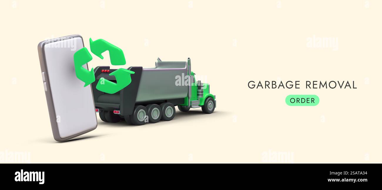 Services publicitaires d'enlèvement des ordures. Camion poubelle, téléphone, panneau vert de recyclage. Respect de l'environnement. Concept de vecteur pour les réseaux sociaux. Modèle de couleur. Services publicitaires d'enlèvement des ordures. Camion poubelle, téléphone, panneau vert de recyclage Illustration de Vecteur