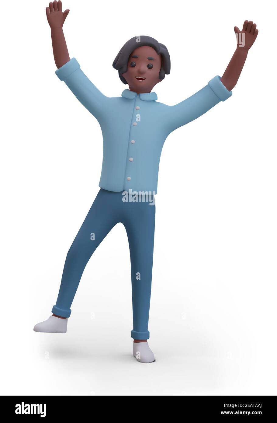 Personnage masculin debout sur une jambe avec les bras levés. Un adolescent à la peau foncée saute de joie. Célébration, joie, agréable surprise. Personnage avec émotion positive. Personnage masculin debout sur une jambe avec les bras levés. Un adolescent à la peau foncée saute de joie Illustration de Vecteur
