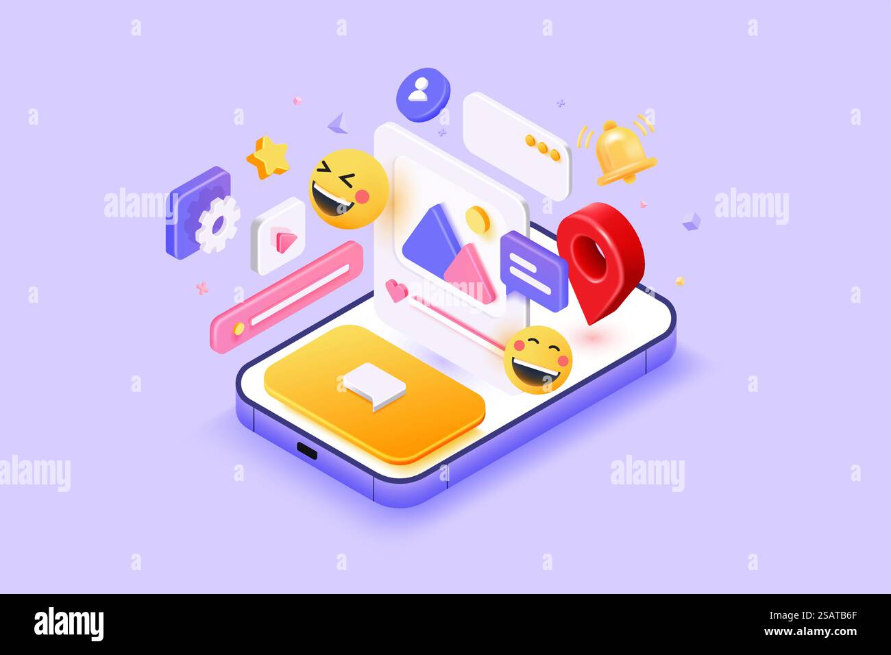 Concept de médias sociaux 3D sur smartphone avec montrer le cadre photo et chat, comme, commentaire, emplacement, etc Isométrique, plate-forme de marketing numérique dessin animé style minimal. illustration vectorielle 3d. Illustration de Vecteur