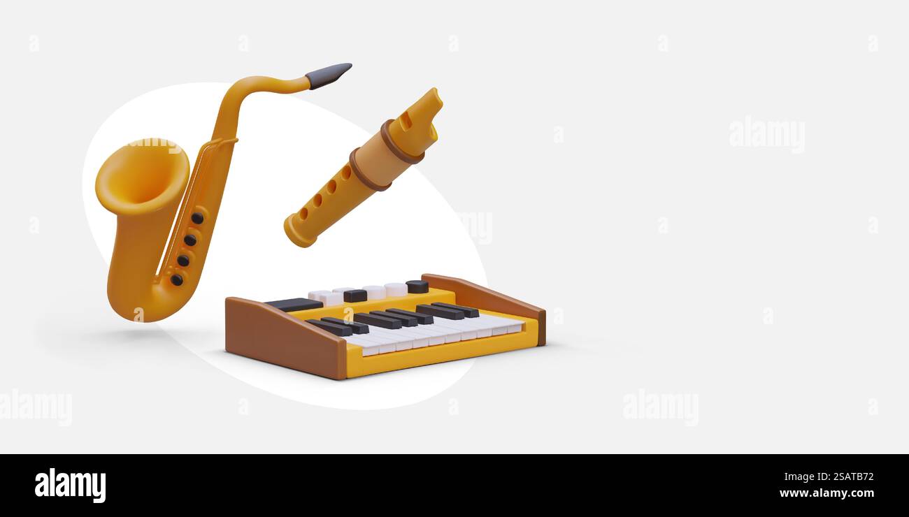 Instruments de musique 3D. Saxophone, synthétiseur, flûte. Cours en école de musique, choix de la direction. Tuteur, services d'accompagnement. Design Web moderne de couleur. Instruments de musique 3D. Saxophone, synthétiseur, flûte. Cours en école de musique, choix de la direction Illustration de Vecteur