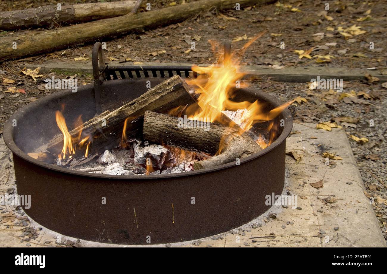 Un feu brûlant dans un camping en plein air Banque D'Images Un feu brûlant dans un camping en plein air Banque D'Images