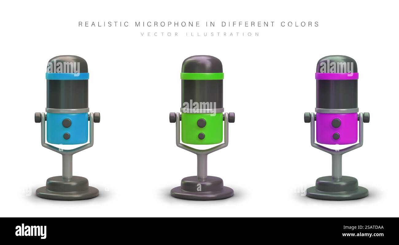 Ensemble de microphones 3D de couleur bleue, verte, violette. Dispositif d'enregistrement sonore. EQUIPEMENT professionnel de chanteur, animateur radio. Microphone sur pied. Podcast. Ensemble de microphones 3D de couleur bleue, verte, violette. Dispositif d'enregistrement sonore Illustration de Vecteur