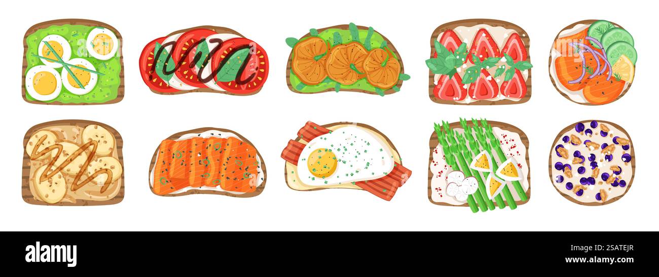 Vue de dessus des sandwichs. Différentes combinaisons de produits sur tranches de pain, œufs, bacon et légumes, différentes garnitures toasts. Collations de petit déjeuner sucrées et salées, nourriture saine, ensemble isolé dessiné à la main par vecteur. Vue de dessus des sandwichs. Différentes combinaisons de produits sur tranches de pain, œufs, bacon et légumes, différentes garnitures toasts. Collations de petit-déjeuner sucrées et salées, aliments sains, ensemble de vecteurs Illustration de Vecteur