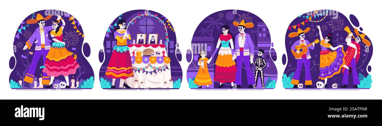 Ensemble d'illustration de la Journée mexicaine des morts, Dia de Los Muertos. Danse Catrina et musiciens Mariachi. Famille en costumes mexicains traditionnels Illustration de Vecteur