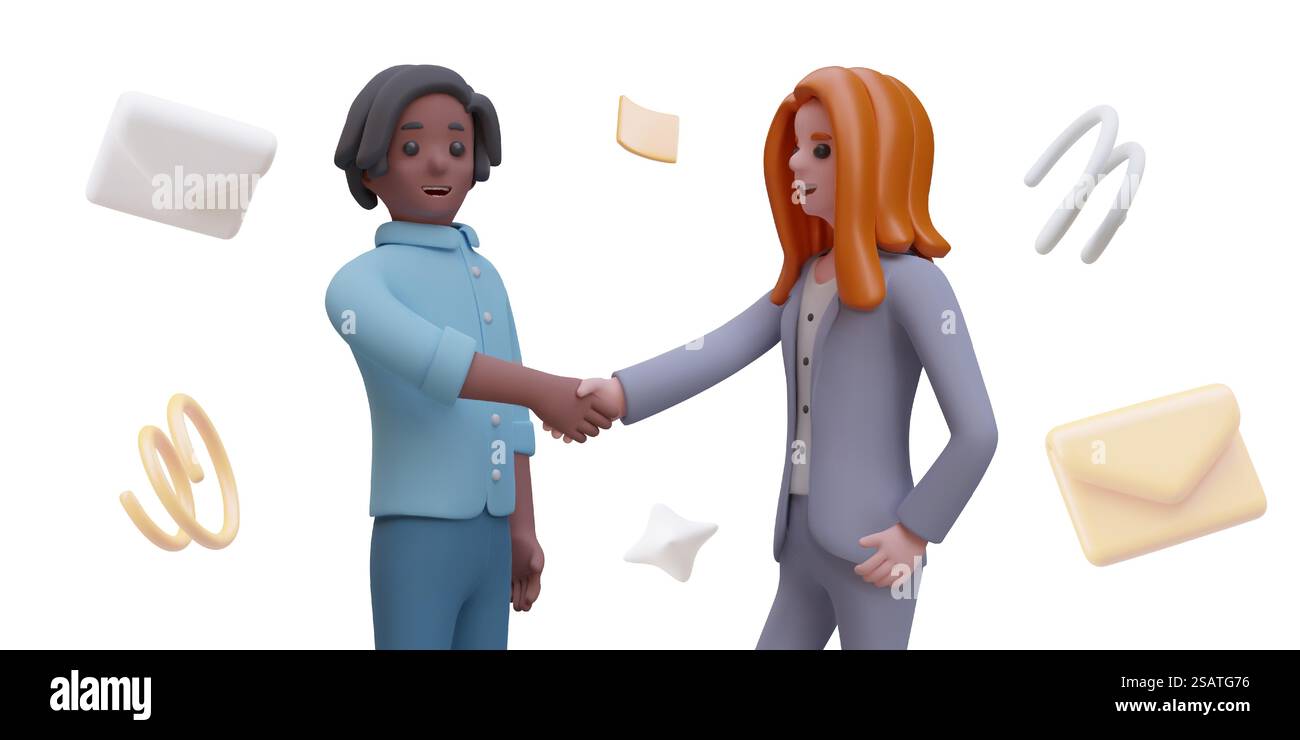 Homme américain serrant la main à la femme professionnelle en costume d'affaires. Conclusion du concept d'accord. Réunion d'affaires avec un collègue. Illustration vectorielle dans le style 3D. Homme américain serrant la main à la femme professionnelle en costume d'affaires Illustration de Vecteur