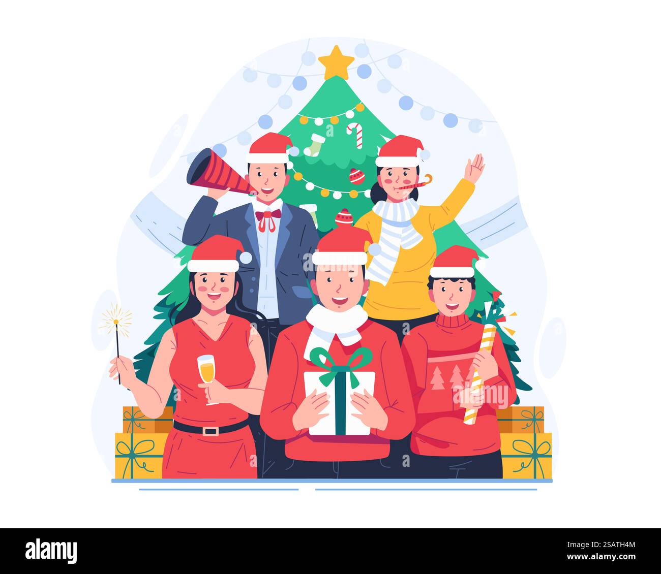 Les gens dans les tenues de vacances d'hiver se tiennent ensemble près de l'arbre de Noël avec chacun un cadeau, trompette, champagne, pétillants et Firecracker. Fête de Noël et fête du nouvel an Illustration de Vecteur Les gens dans les tenues de vacances d'hiver se tiennent ensemble près de l'arbre de Noël avec chacun un cadeau, trompette, champagne, pétillants et Firecracker. Fête de Noël et fête du nouvel an Illustration de Vecteur