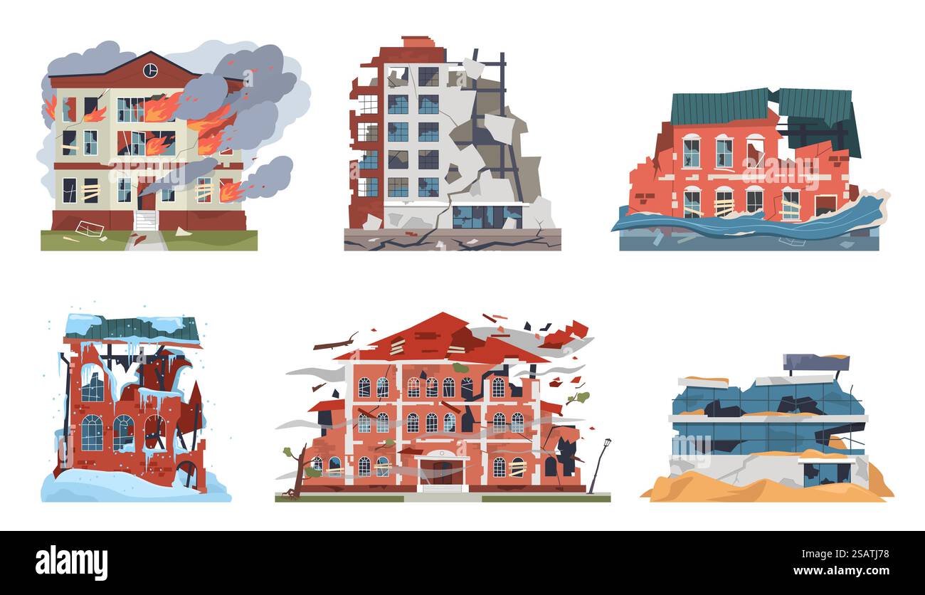 La catastrophe endommage les bâtiments. Différentes catastrophes naturelles, façades de maisons destructrices de ville brisée, tremblement de terre, inondation et gel, incendie ou guerre, ensemble plat de dessin animé vectoriel d'architecture post-apocalypse cassé. La catastrophe endommage les bâtiments. Différentes catastrophes naturelles, façades de maisons destructrices de ville brisée, tremblement de terre, inondation et gel, incendie ou guerre, ensemble de vecteurs architecturaux post-apocalypse brisés Illustration de Vecteur
