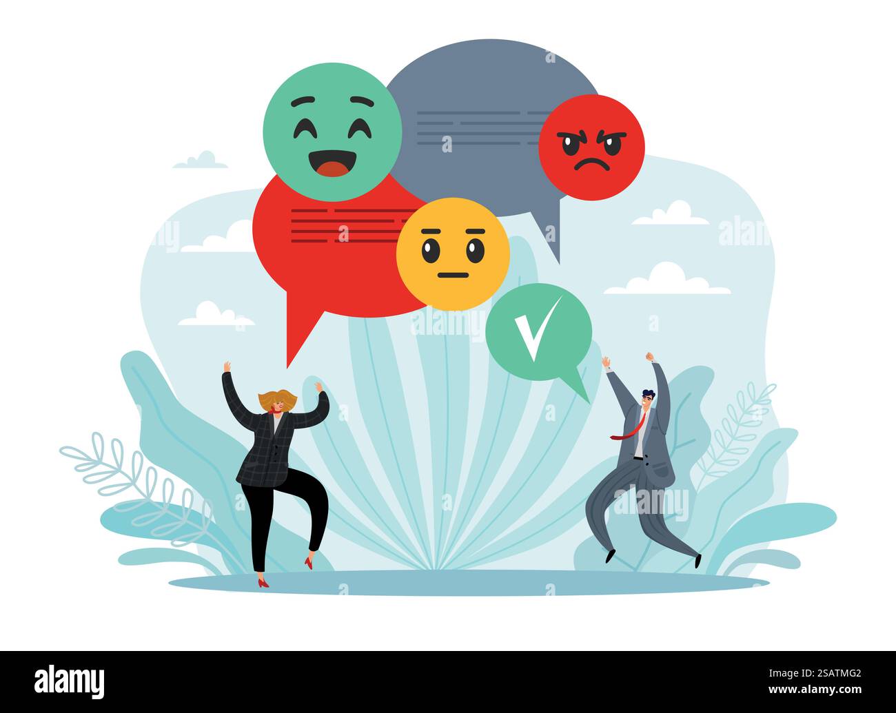 Analyse des sentiments et test écrit, reconnaissance des émotions, technologies automatisées d'intelligence artificielle. Homme et femme heureux avec des bulles de parole et emoji. Concept isolé de style plat de dessin animé vectoriel. Analyse des sentiments et test écrit, reconnaissance des émotions, technologies automatisées d'intelligence artificielle. Homme et femme heureux avec des bulles de parole et emoji. Concept plat de dessin animé vectoriel Illustration de Vecteur