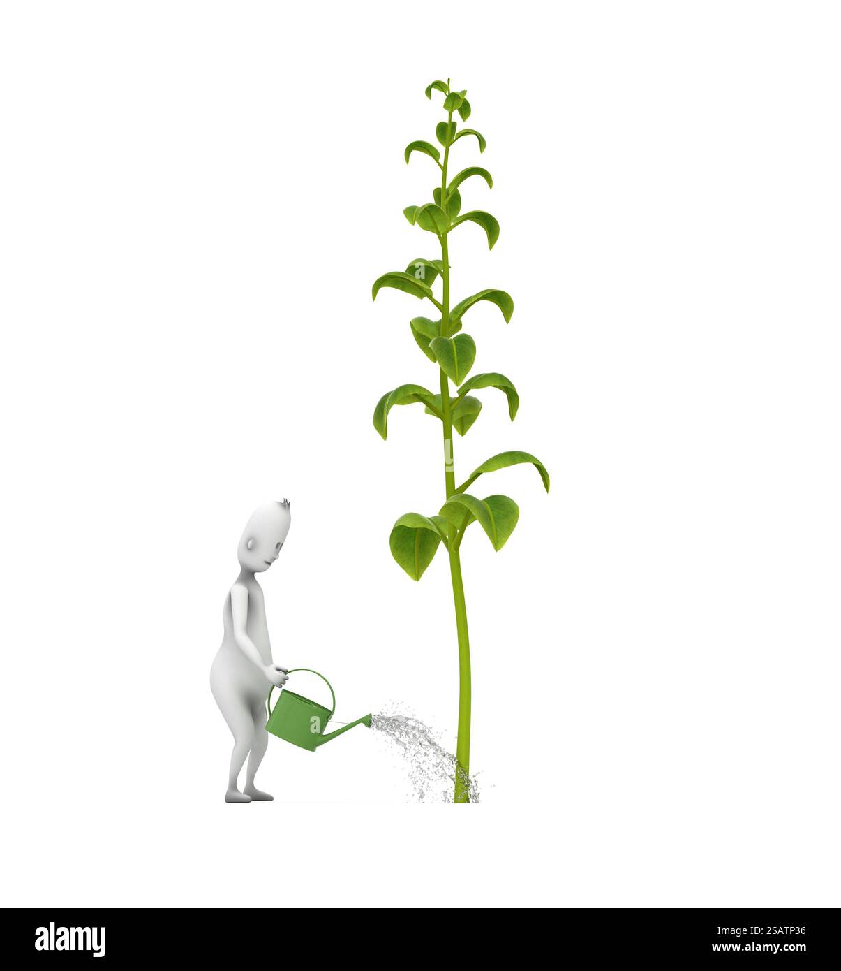 Caractère humain arrosant une plante avec l'arroseur. Jardinier. Il s'agit d'une illustration de rendu 3D. Banque D'Images