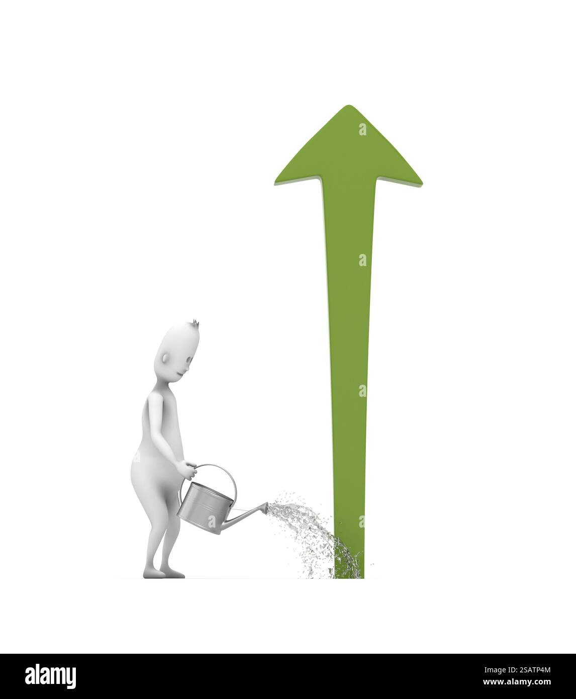 Caractère humain arrosant une flèche grandissante avec de bonnes idées. Il s'agit d'une illustration de rendu 3D. Banque D'Images