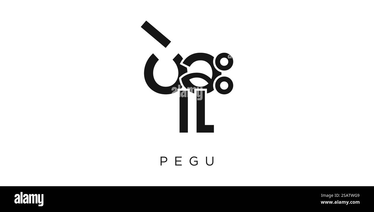 Pegu dans l'emblème du Myanmar pour l'impression et le web. La conception présente un style géométrique, illustration vectorielle avec une typographie audacieuse dans une police moderne. Lettrage de slogan graphique isolé sur fond blanc. Illustration de Vecteur