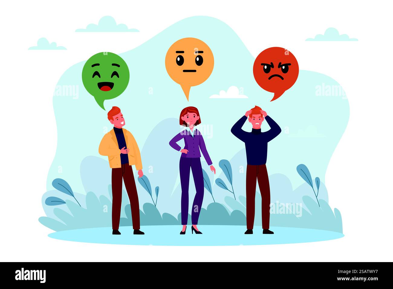 Analyse des sentiments, opinions différentes. Divers commentaires des clients. Bonnes émotions neutres et mauvaises, communication positive et négative des gens, discussion et conflit. Concept de style plat de dessin animé vectoriel. Analyse des sentiments, opinions différentes. Divers commentaires des clients. Bonnes émotions neutres et mauvaises, communication positive et négative des gens, discussion et conflit. Concept de dessin animé vectoriel Illustration de Vecteur