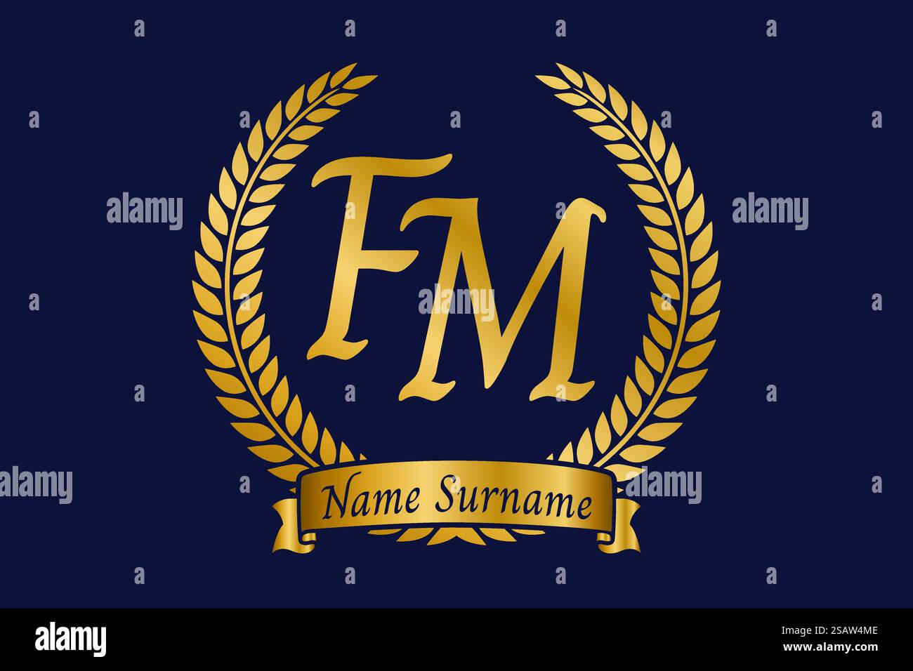 Lettre initiale F et M, logo FM monogramme avec couronne de laurier. Emblème doré de luxe avec police calligraphie. Illustration de Vecteur