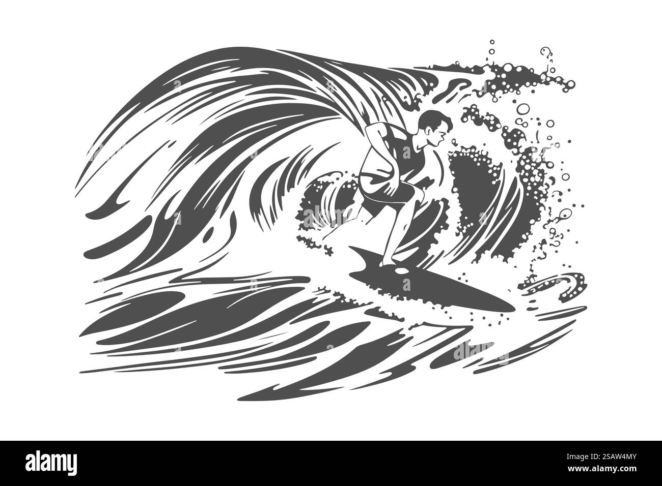Surf sur une vague dans l'océan. Surfeur sur les grosses vagues. Illustration vectorielle de surfeur dans la conception plate pour t shirt imprimé ou bannière de club .. Surf sur une vague dans l'océan. Surfeur sur les grosses vagues. Conception d'illustration vectorielle de surfeur pour t-shirt imprimé ou bannière de club. Illustration de Vecteur