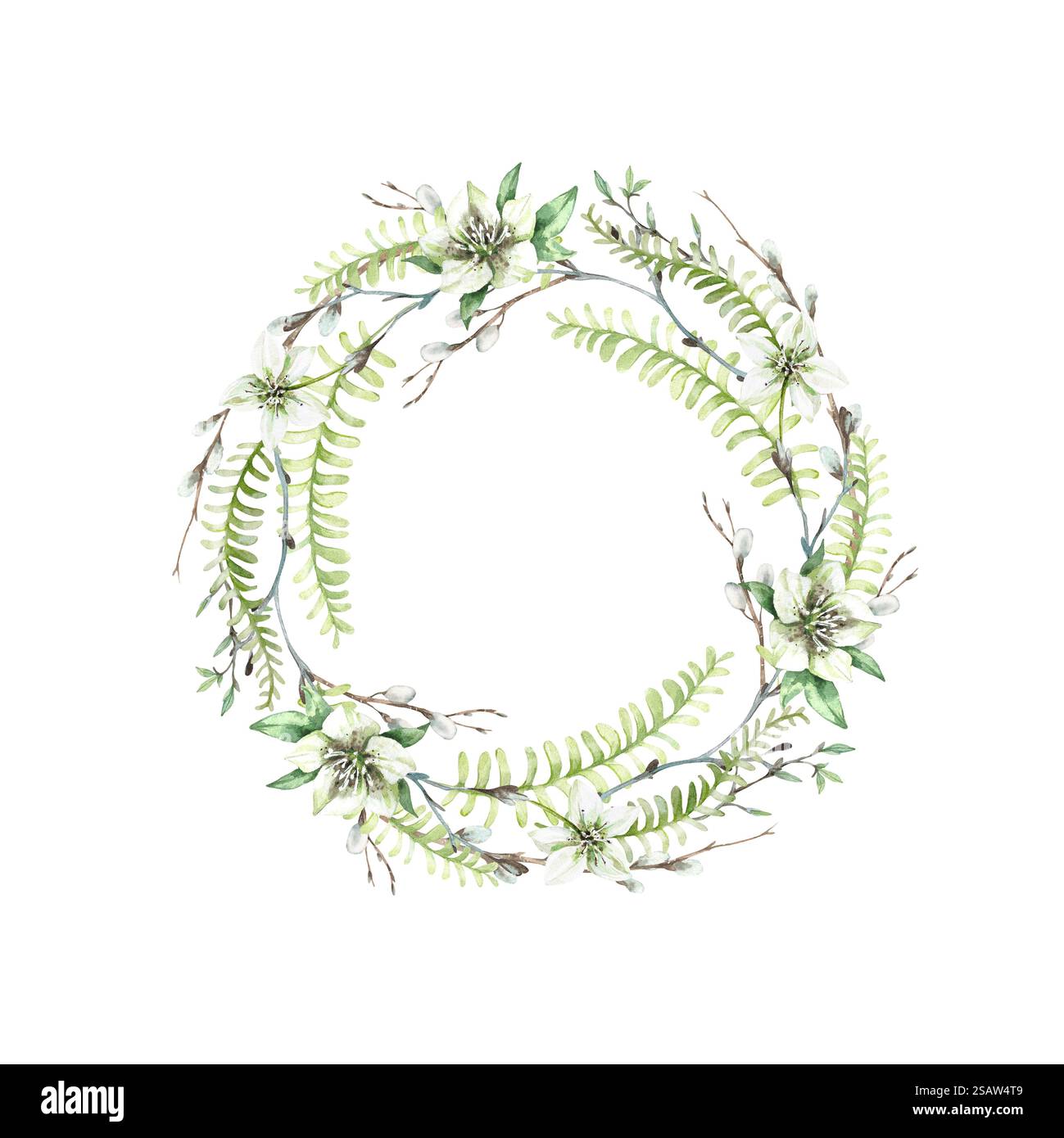Couronne d'aquarelle de printemps de feuilles de fougères, de brindilles, de branches de saule et de fleurs blanches d'hellebore. Banque D'Images