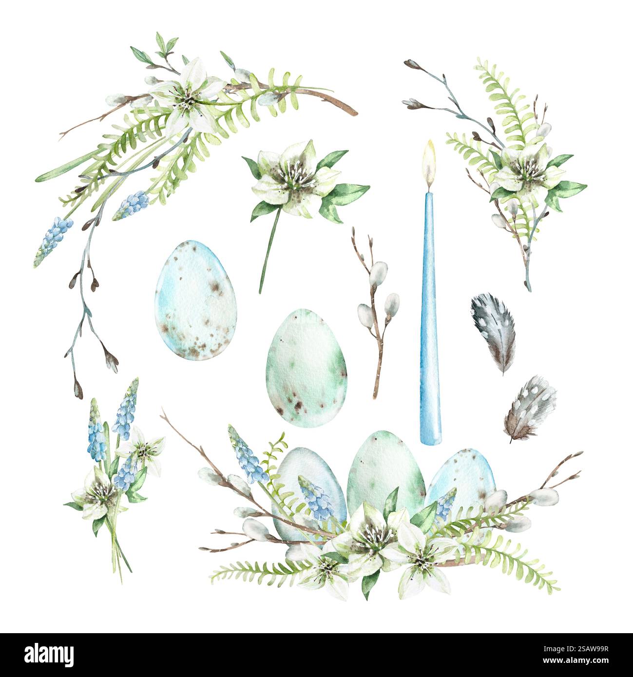 Ensemble de Pâques d'illustrations aquarelles en bleu et vert. Bouquets et compositions Banque D'Images