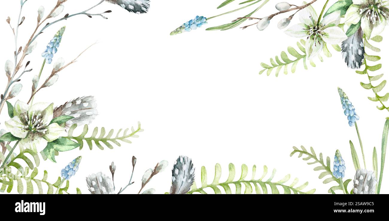 Bannière d'aquarelle de printemps de feuilles de fougères, oeufs, plumes, brindilles, branches de saule, fleurs blanches Banque D'Images