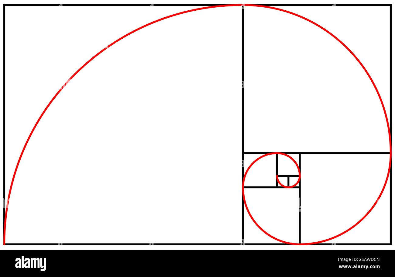 Dessin de la ligne spirale dorée de la séquence de Fibonacci Banque D'Images