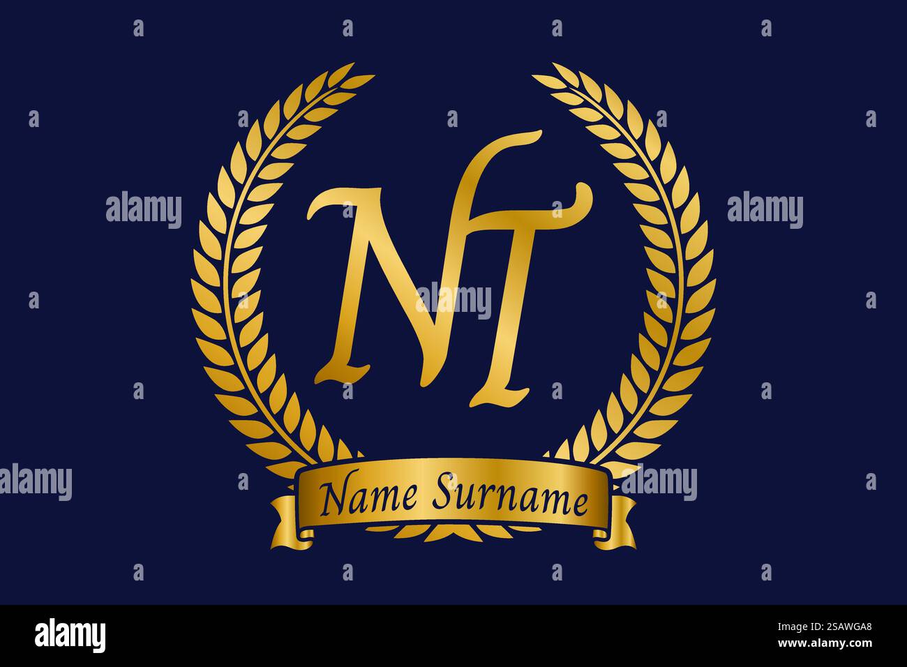 Lettre initiale N et T, logo NT monogramme avec couronne de laurier. Emblème doré de luxe avec police calligraphie. Illustration de Vecteur