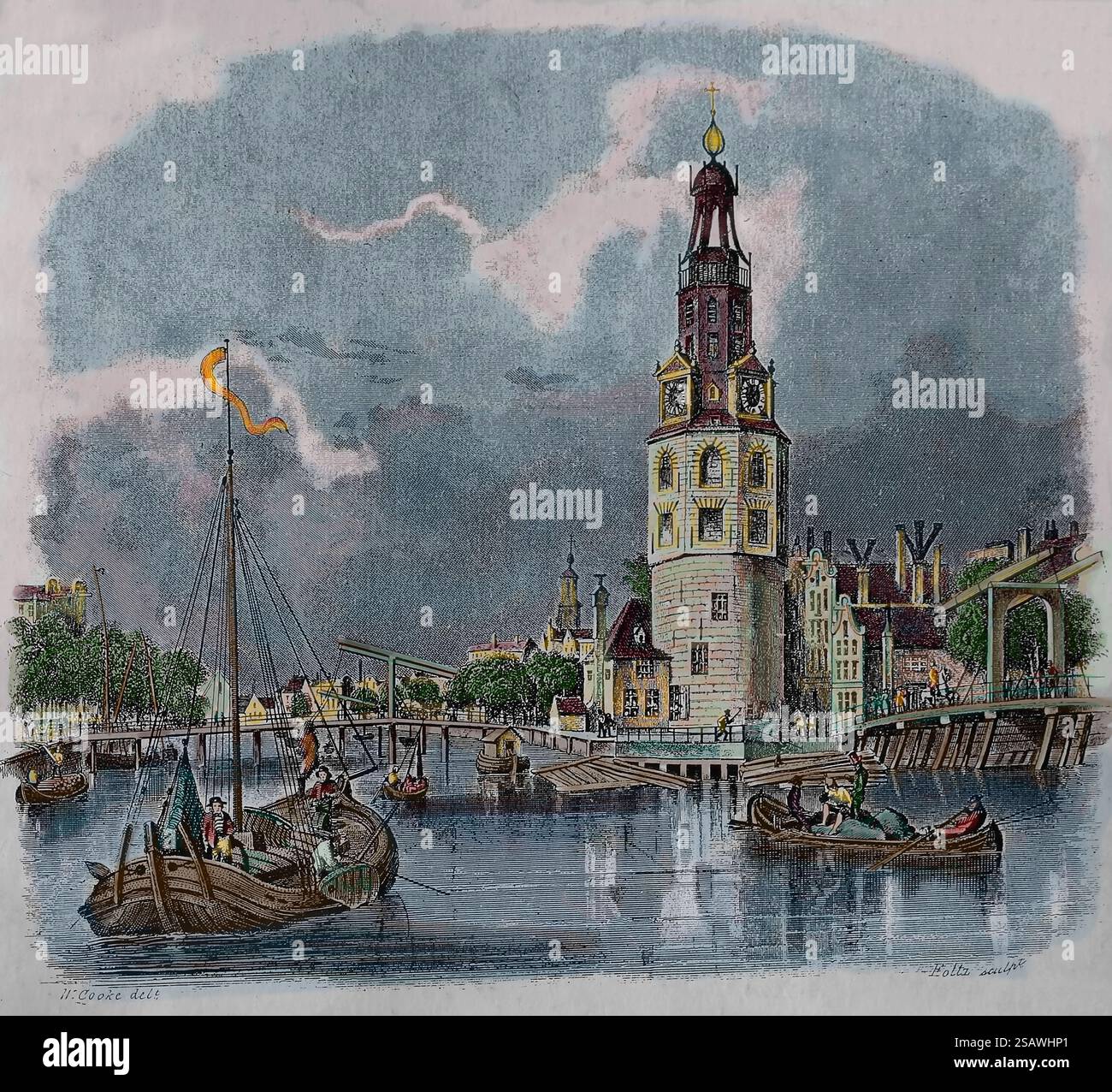 Pays-Bas. Amsterdam. Canal et tour Montelbaanstoren. Gravure, 1850. Banque D'Images