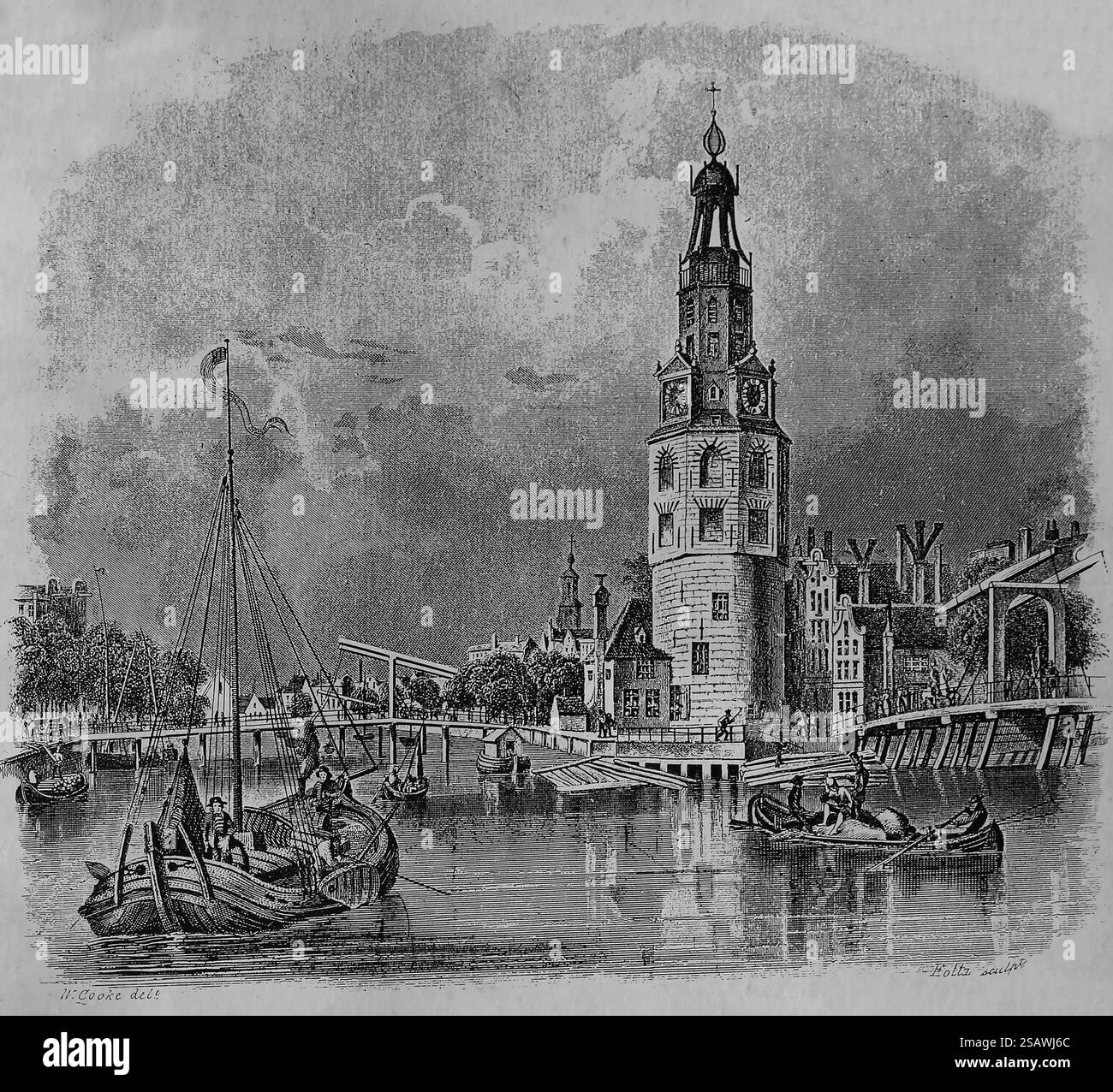 Pays-Bas. Amsterdam. Canal et tour Montelbaanstoren. Gravure, 1850. Banque D'Images