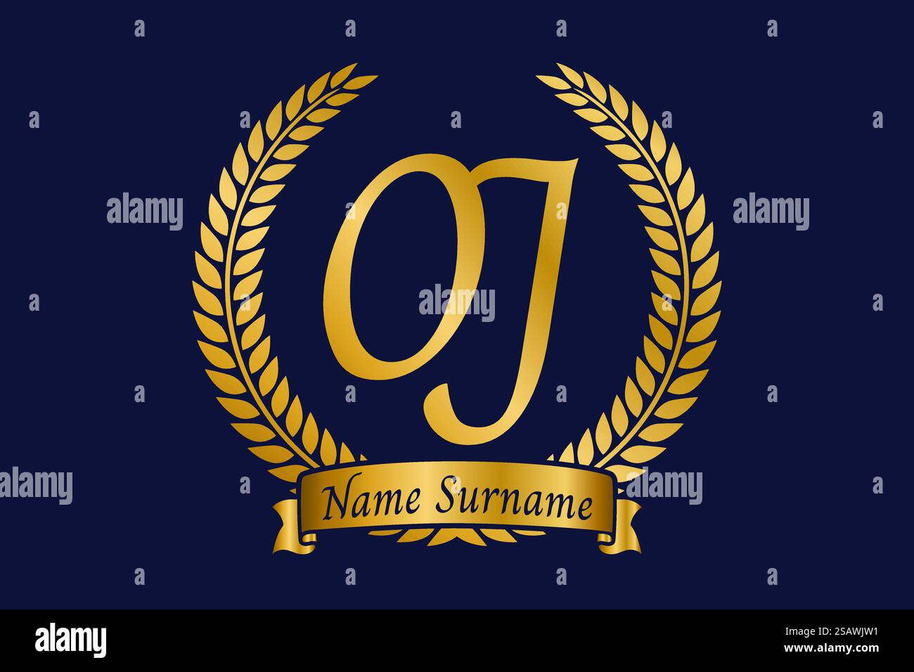 Lettre initiale O et J, logo monogramme JO avec couronne de laurier. Emblème doré de luxe avec police calligraphie. Illustration de Vecteur