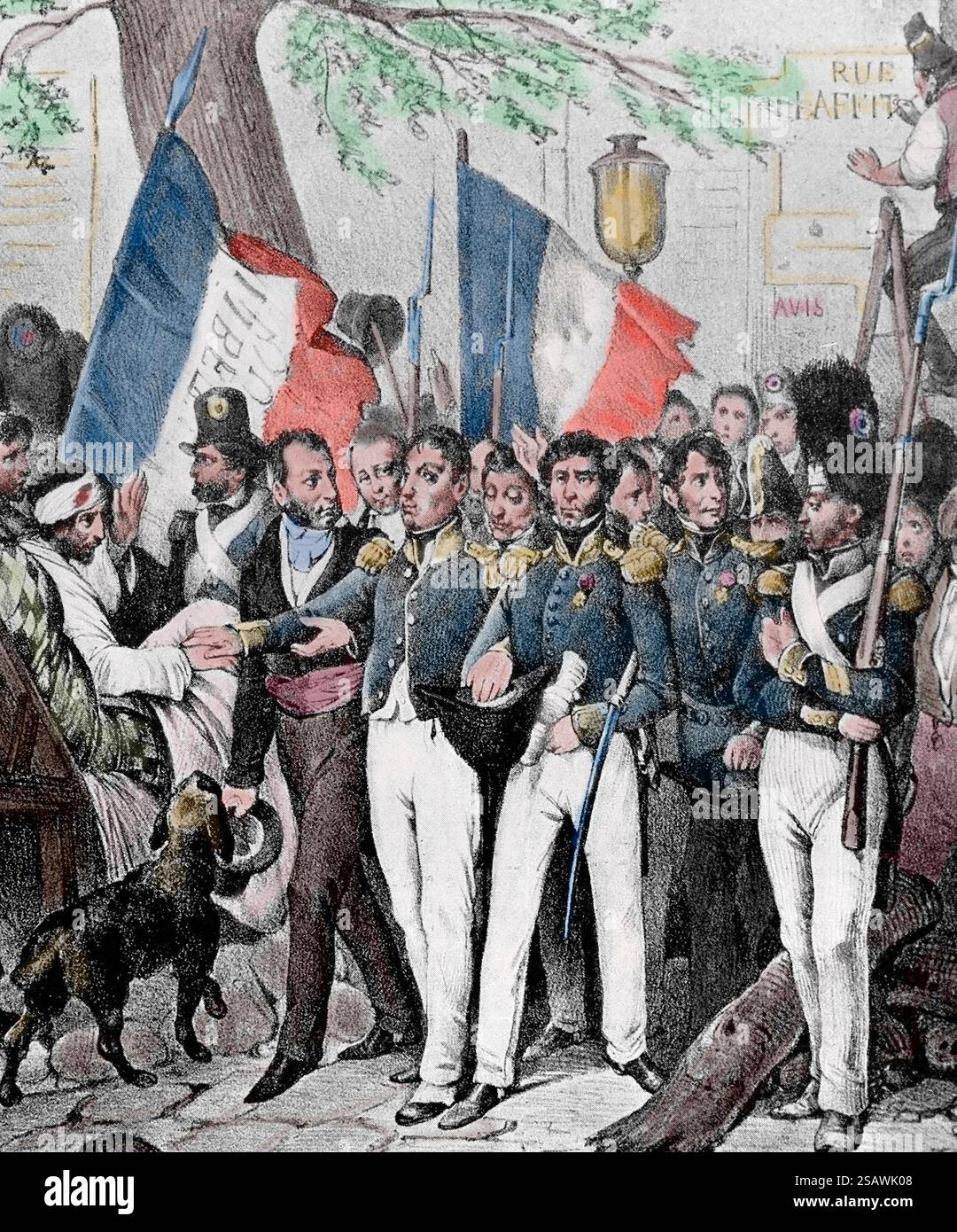 France. Paris. Révolution de 1830. La Fayette (acclamée comme leader de la révolution) se rend à la mairie. Gravure, 19e. Journées révolutionnaires Banque D'Images