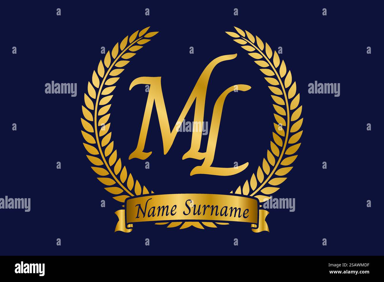 Lettre initiale M et l, logo monogramme ML avec couronne de laurier. Emblème doré de luxe avec police calligraphie. Illustration de Vecteur