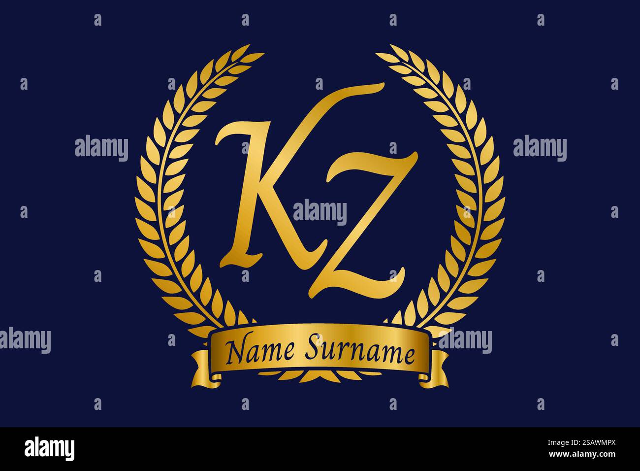 Lettre initiale K et Z, logo monogramme KZ avec couronne de laurier. Emblème doré de luxe avec police calligraphie. Illustration de Vecteur