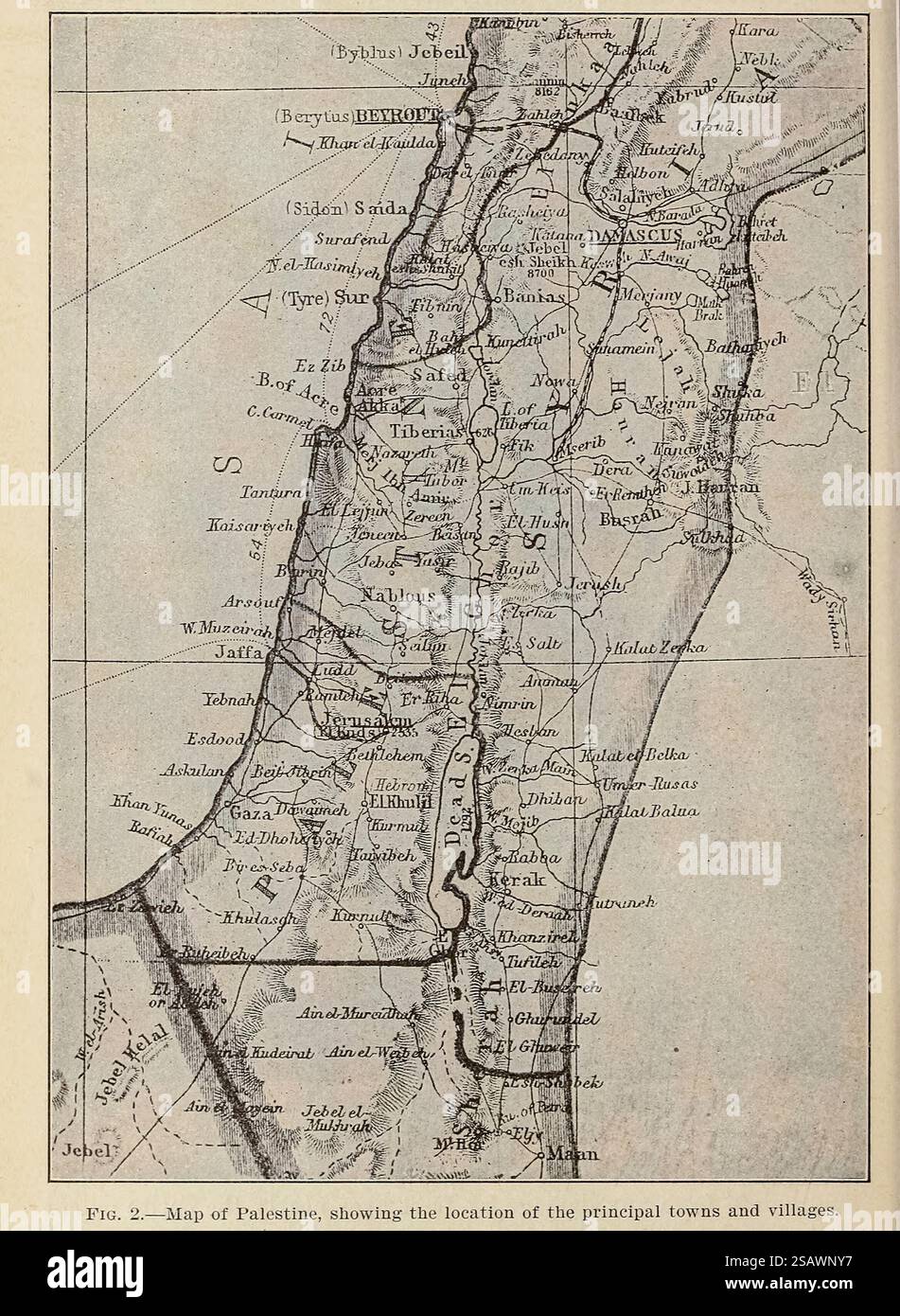 Carte de Palestine, montrant l'emplacement des principales villes et villages. Agricultural and Botanical explorations in Palestine par Aaronsohn, Aaron, 1876-1919, publié par les États-Unis. Department of Agriculture ; États-Unis. Bureau of Plant Industry ; États-Unis. Bureau d'imprimerie du gouvernement en 1910 Banque D'Images