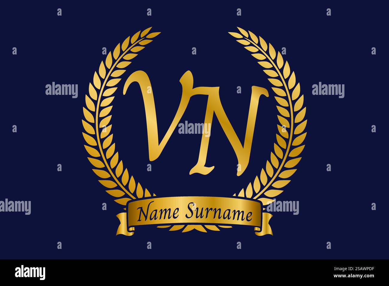 Lettre initiale V et N, logo monogramme VN avec couronne de laurier. Emblème doré de luxe avec police calligraphie. Illustration de Vecteur