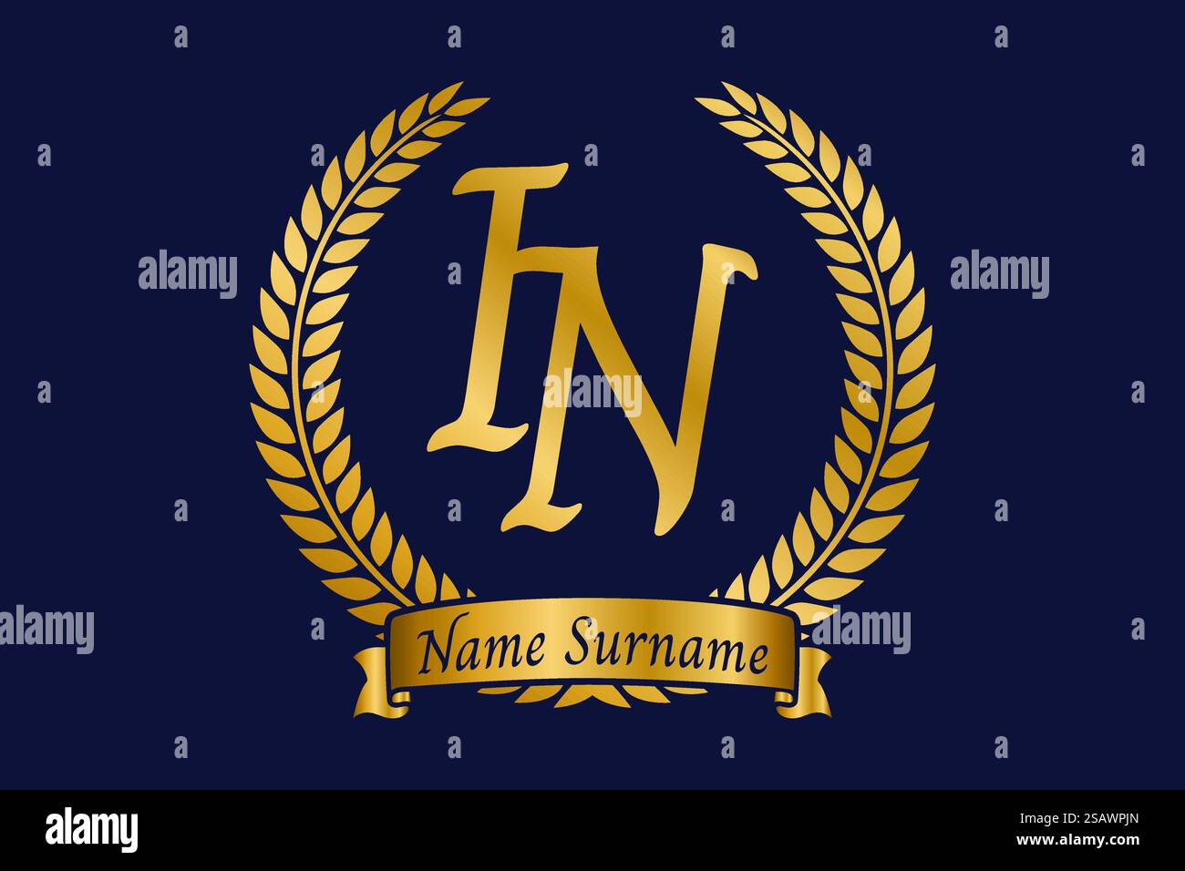 Lettre initiale I et N, EN logo monogramme avec couronne de laurier. Emblème doré de luxe avec police calligraphie. Illustration de Vecteur