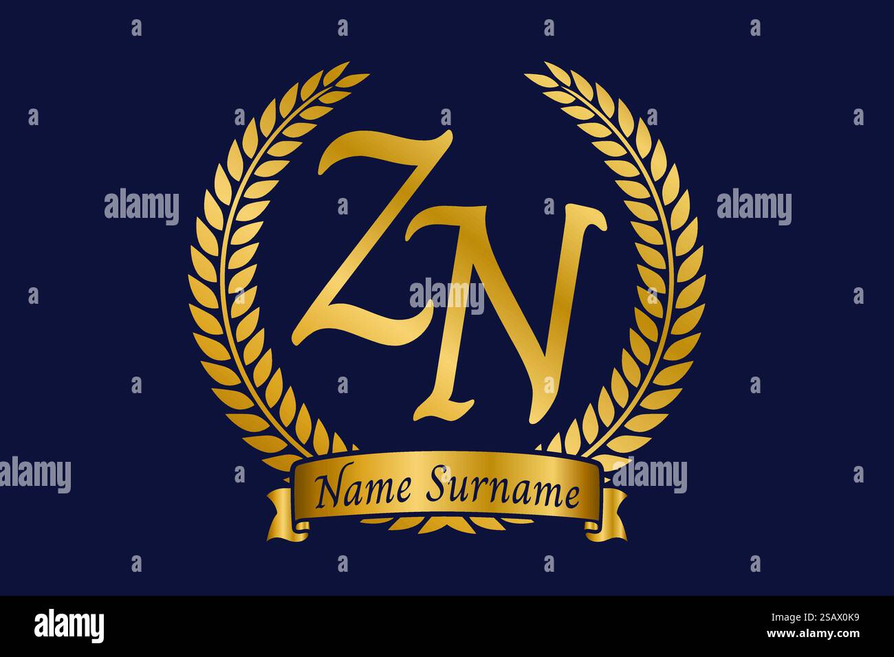 Lettre initiale Z et N, logo monogramme Zn avec couronne de laurier. Emblème doré de luxe avec police calligraphie. Illustration de Vecteur