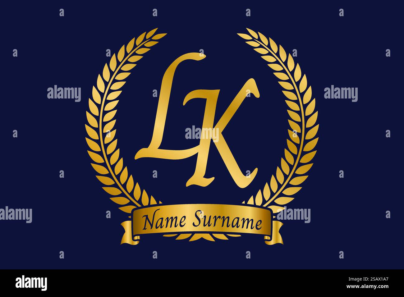 Lettre initiale l et K, logo monogramme LK avec couronne de laurier. Emblème doré de luxe avec police calligraphie. Illustration de Vecteur