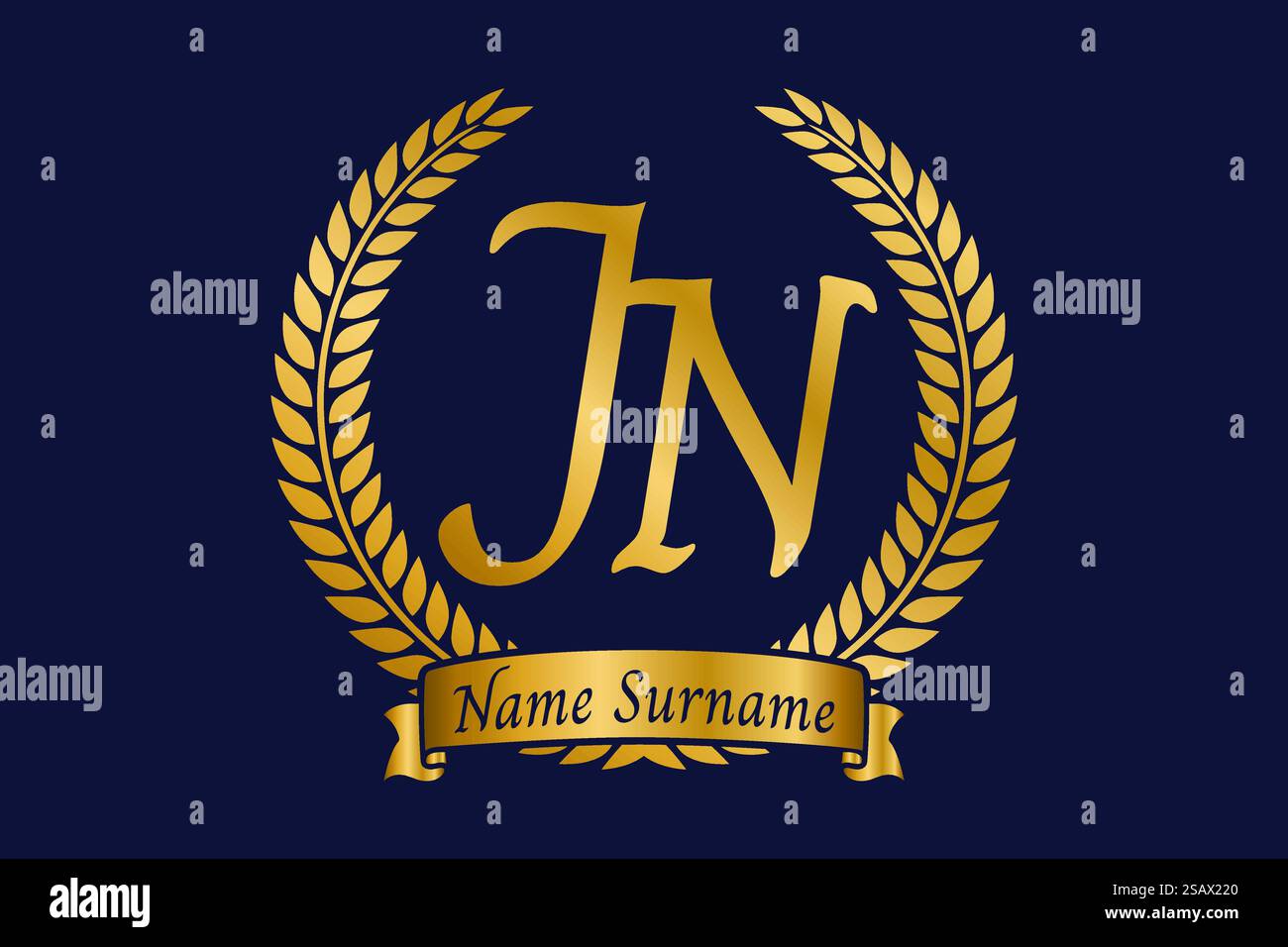 Lettre initiale J et N, logo monogramme JN avec couronne de laurier. Emblème doré de luxe avec police calligraphie. Illustration de Vecteur