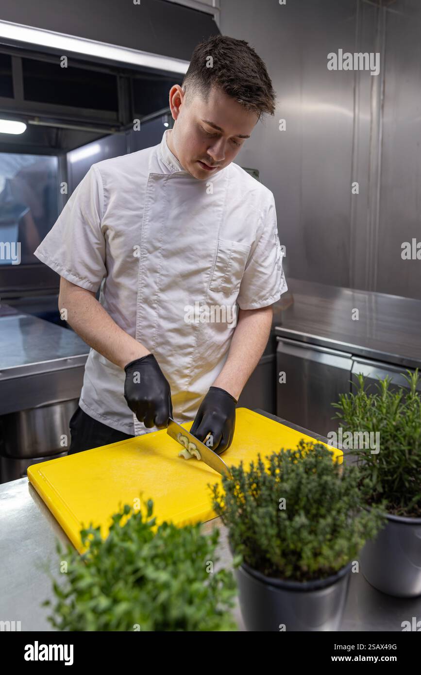 Chef habilement tranchant les légumes dans la cuisine moderne Banque D'Images
