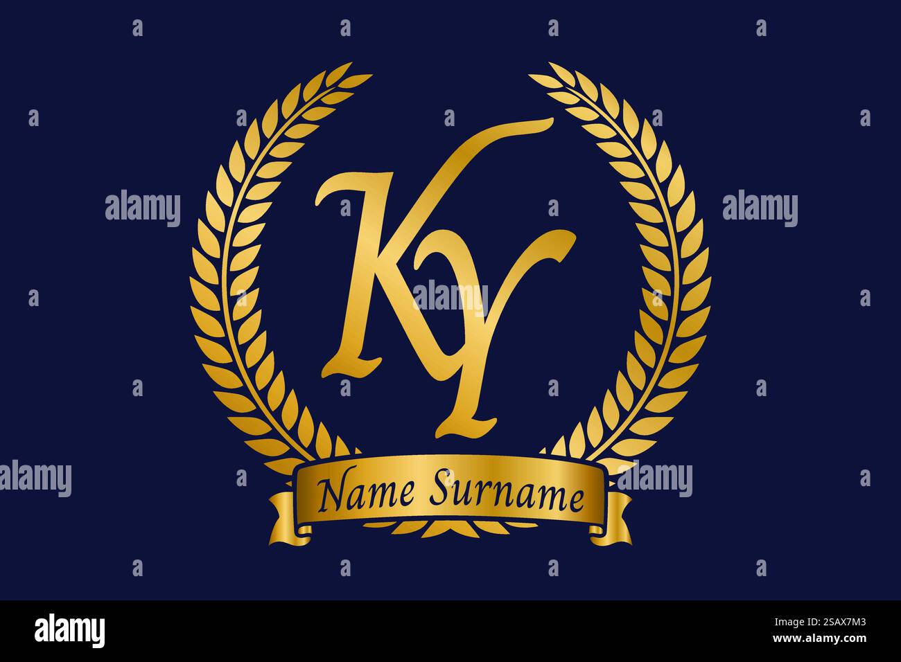 Lettre initiale K et y, logo monogramme KY avec couronne de laurier. Emblème doré de luxe avec police calligraphie. Illustration de Vecteur