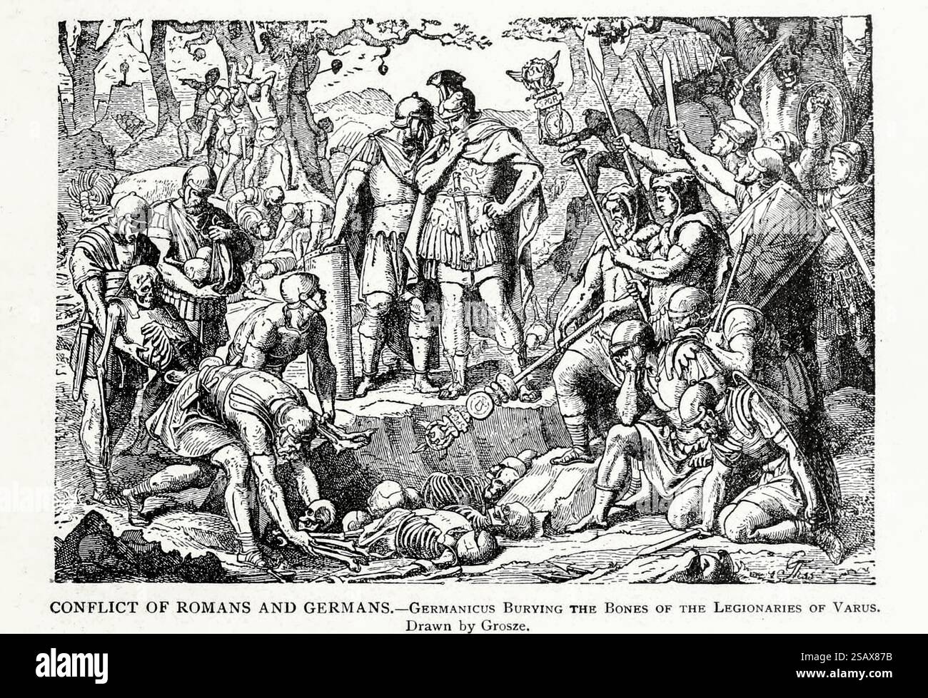CONFLIT DES ROMAINS ET DES ALLEMANDS. Germanicus enterrant les os des légionnaires de Varus. Dessiné par Grosze. Les peuples teutoniques du volume 4 de l'histoire universelle de Ridpath : un compte rendu de l'origine, de la condition primitive et du développement ethnique des grandes races de l'humanité, et des principaux événements dans l'évolution et le progrès de la vie civilisée entre les hommes et les Nations, à partir de sources récentes et authentiques avec une enquête préliminaire sur le temps, le lieu et la manière du commencement par Ridpath, John Clark, 1840-1900 publié en 1897 Banque D'Images