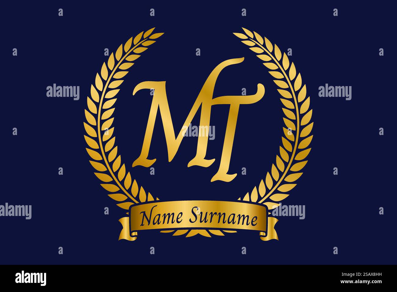 Lettre initiale M et T, logo MT monogramme avec couronne de laurier. Emblème doré de luxe avec police calligraphie. Illustration de Vecteur