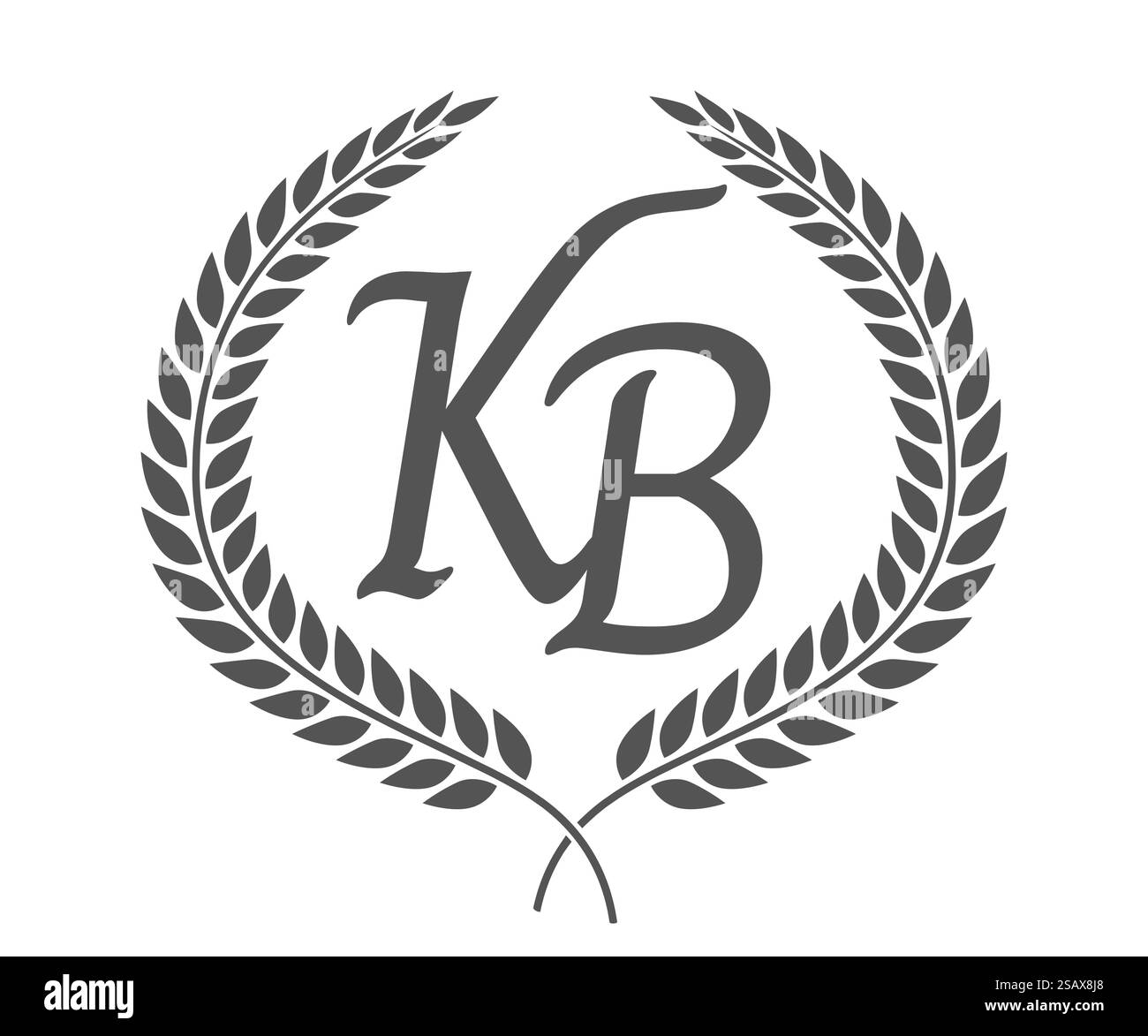 Lettre initiale K et B, logo KB monogramme avec couronne de laurier. Emblème de luxe avec police calligraphie.. Lettre initiale K et B, logo KB monogramme avec couronne de laurier. Police calligraphie de luxe. Illustration de Vecteur