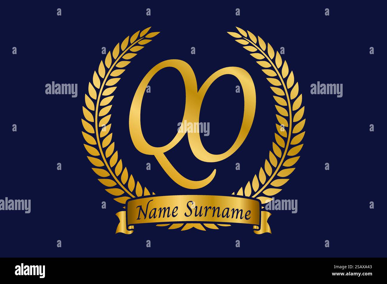 Lettre initiale Q et O, logo monogramme QO avec couronne de laurier. Emblème doré de luxe avec police calligraphie. Illustration de Vecteur