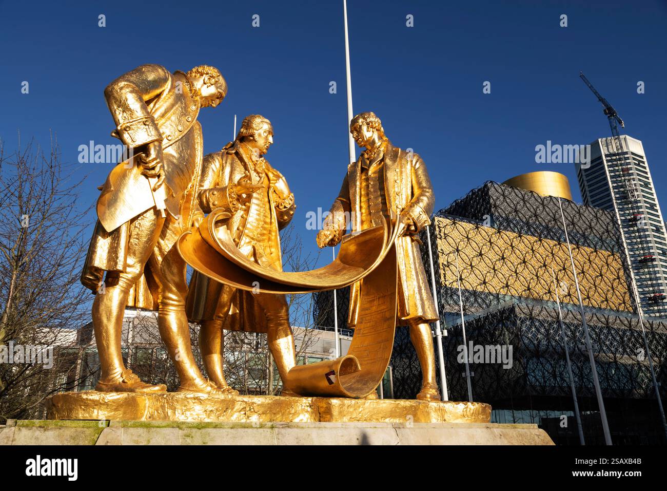 Statue des Golden Boys of Birmingham sur Centenary Square à Birmingham, en Angleterre. Il représente Matthew Boulton, James Watt et William Murdoch. Banque D'Images