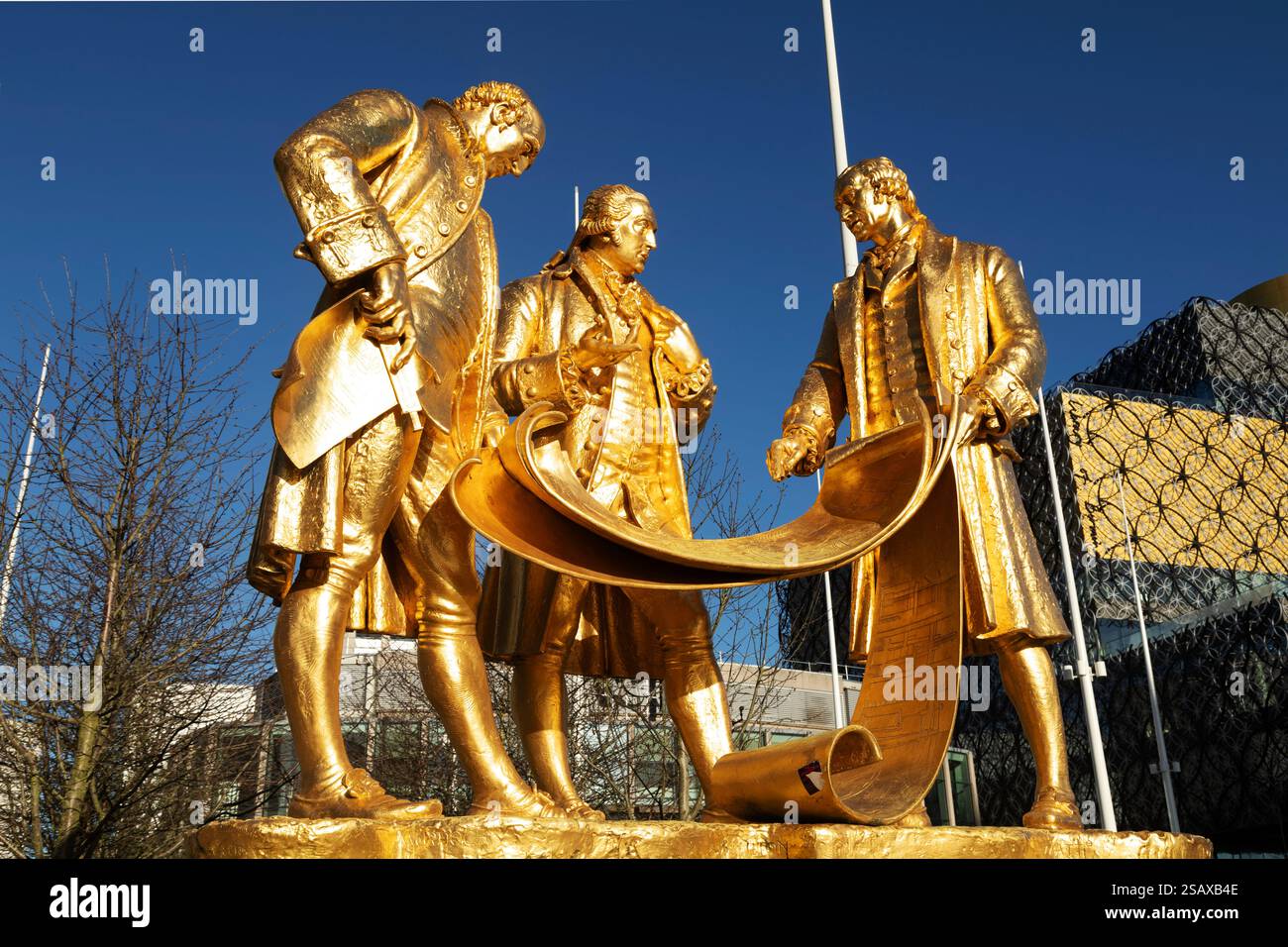 Statue des Golden Boys of Birmingham sur Centenary Square à Birmingham, en Angleterre. Il représente Matthew Boulton, James Watt et William Murdoch. Banque D'Images