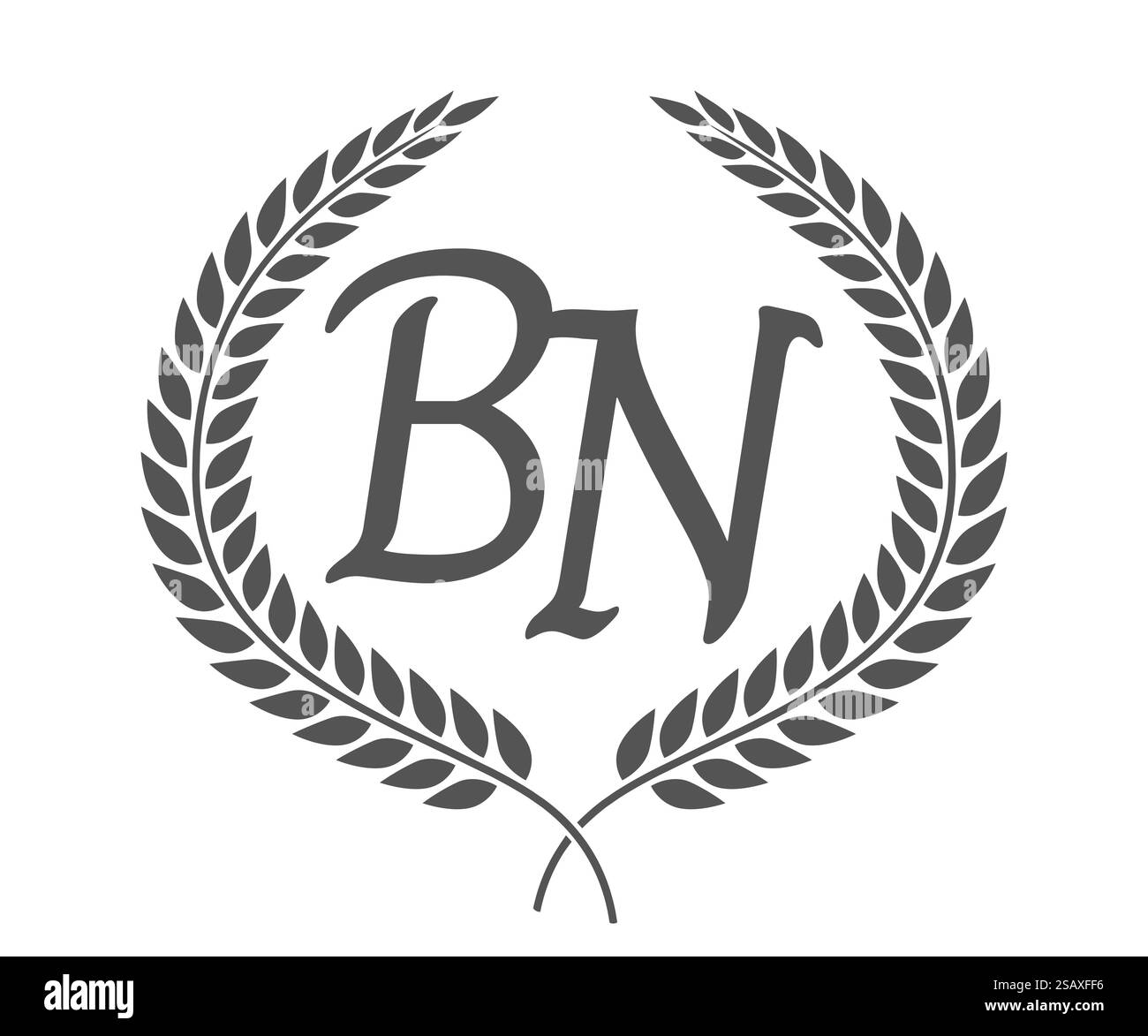 Lettre initiale B et N, logo BN monogramme avec couronne de laurier. Emblème de luxe avec police calligraphie.. Lettre initiale B et N, logo BN monogramme avec couronne de laurier. Police calligraphie de luxe. Illustration de Vecteur