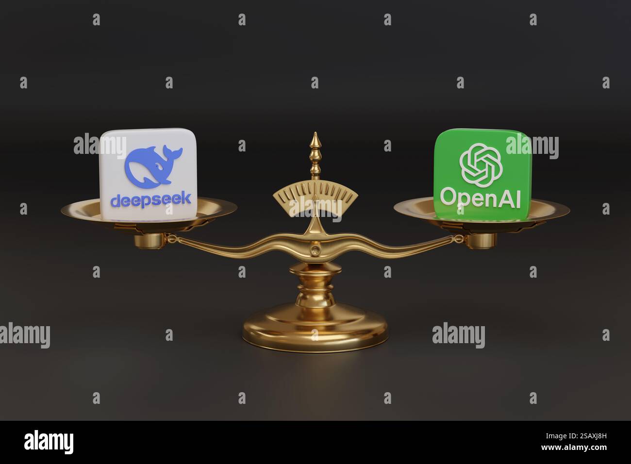Logos Deepseek et OpenAI sur une échelle. Concept d'intelligence artificielle. illustration 3d. Banque D'Images