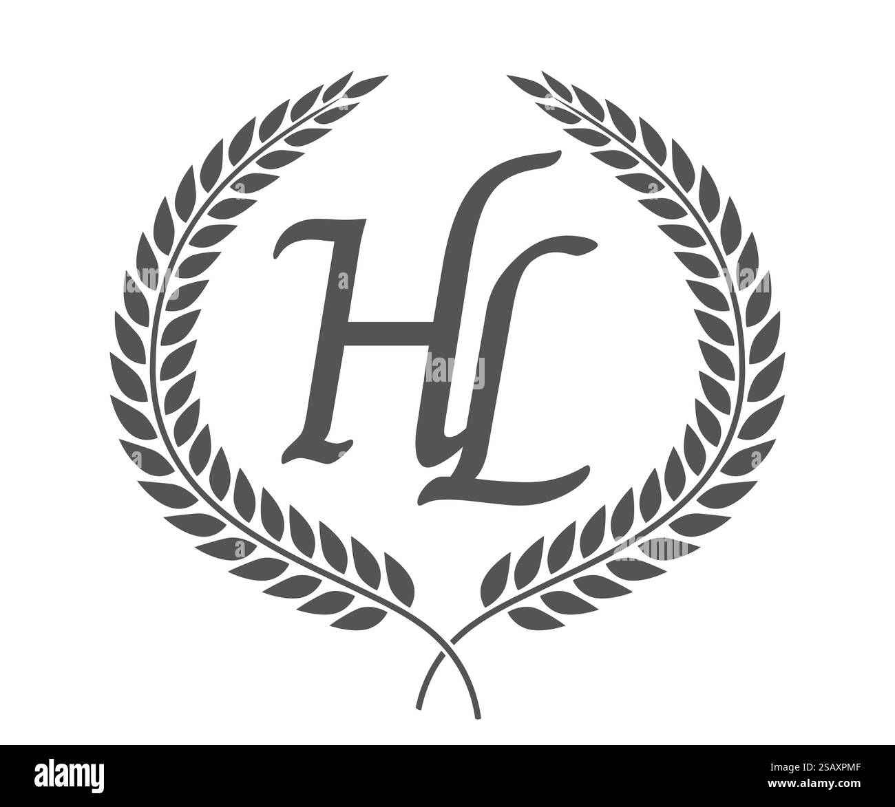 Lettre initiale H et l, logo HL monogramme avec couronne de laurier. Emblème de luxe avec police calligraphie.. Lettre initiale H et l, logo HL monogramme avec couronne de laurier. Police calligraphie de luxe. Illustration de Vecteur