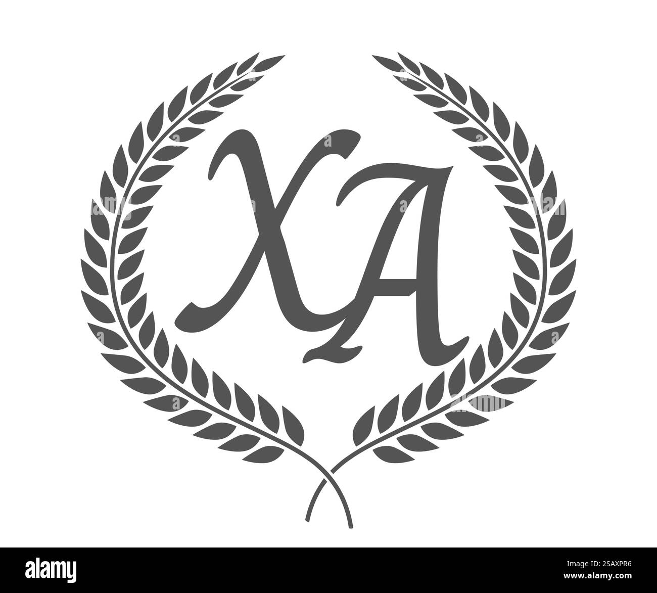 Lettre initiale X et A, logo XA monogramme avec couronne de laurier. Emblème de luxe avec police calligraphie.. Lettre initiale X et A, logo XA monogramme avec couronne de laurier. Police calligraphie de luxe. Illustration de Vecteur